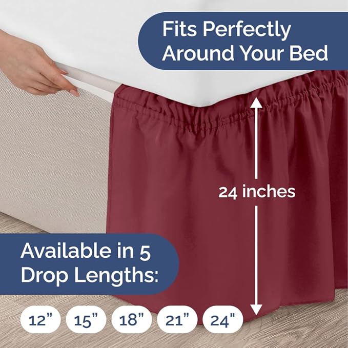 Wrap Around Dust Ruffle Bed Skirt - Burgundy - Twin/Twin XL Size Beds with 24 Inch Drop - Easy Fit Elastic Strap - Adjustable Pleated Bedskirt w/Brushed Fabric Wrinkle Free - Women, Men, Kids & Teens