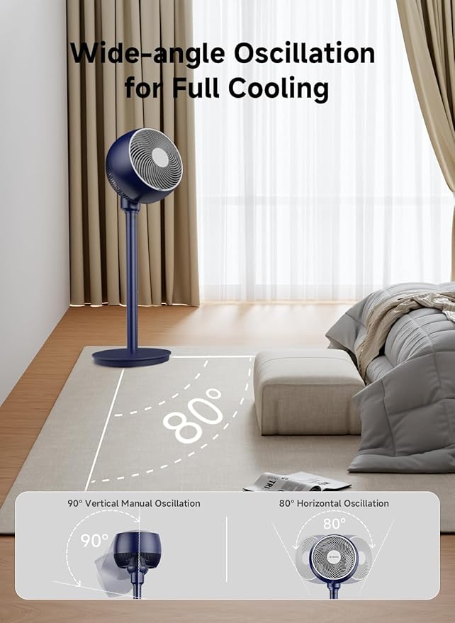 AIRMATE Standing Fan for Bedroom, 9" Blade Pedestal Fan with Remote, DC Motor, 12 Speeds, Quiet 25dB, 960CFM High Airflow, 85ft, Adjustable Height (12"-37"), 12H Timer, 80° Oscillating fan, DarkBlue