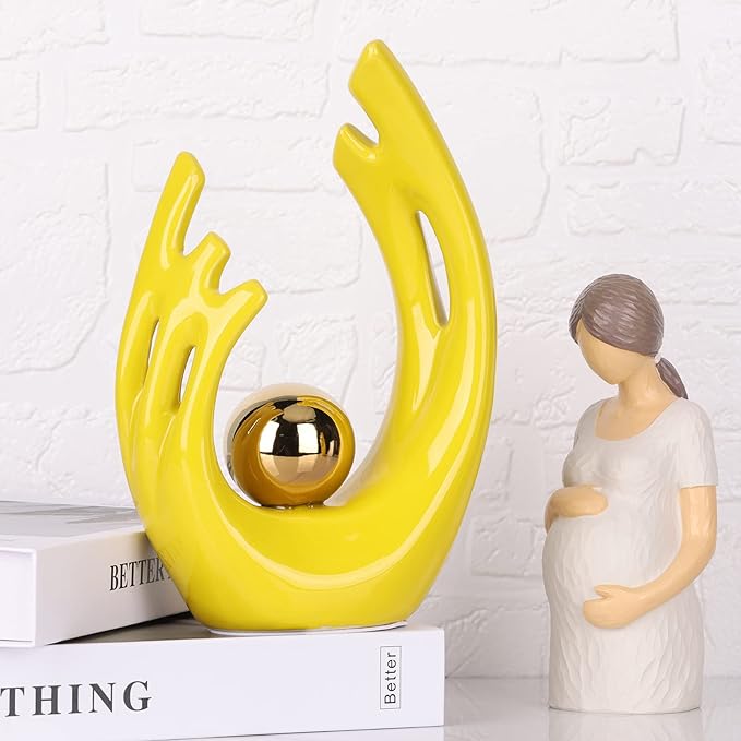 9.5"H Yellow Gold Aesthetic Room Decor Accent, TV Stand Funky Table Centerpiece, Abstract Art Ceramic Statue and Sculpture, Yellow Decor for Living Room, Bookshelf Decorative Objects, Shelf Decor