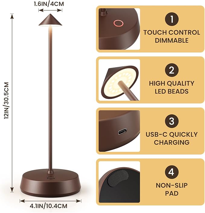 Cordless Table Lamps Rechargeable, 6000mAh LED Battery Operated Desk Lamp, Portable Outdoor Waterproof Touch Stepless Dimmable Wireless Table Light for Dining Restaurant Home Patio (Brown-2PC)