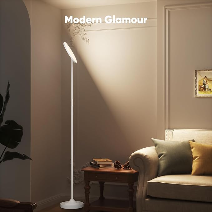 SIBRILLE 36W LED Floor Lamp, Super Bright Standing Lamp, Modern Stepless Dimmable Torchiere Tall Lamp with Remote Control, 350°Rotating Head Reading Floor Lamp for Living Room, Bedroom, Office - White