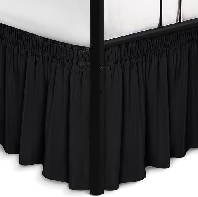 Biscaynebay Wrap Around Bed Skirts with Split Corners for Full Beds 15" Drop, Black Adjustable Elastic Dust Ruffles Easy Fit Wrinkle Resistant Silky Luxurious Fabric Machine Washable