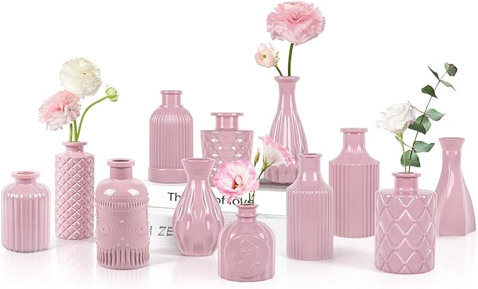 Valentine's Day Blush Pink Glass Bud Vase Set of 12 – Mini Vintage Vases for Flowers, Centerpieces, Wedding & Home Décor