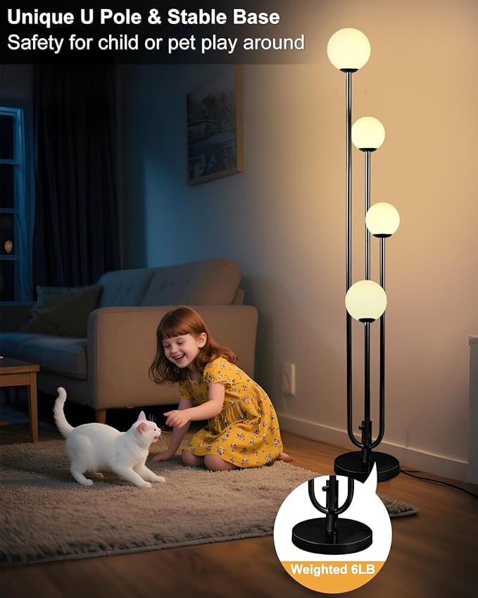 ACOHOOK 63IN 4-Light Dimmable Floor Lamp, Unique Black Tall Standing Lamps with Globe Shade &3000K G9 Bulbs for Reading, Mid Century Modern Floor Lamp for Living Room Bedroom Office