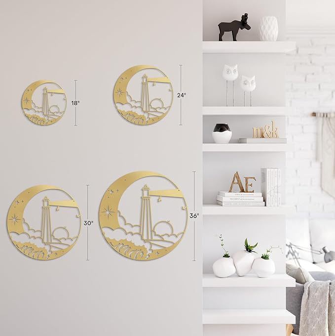 SIGNLEADER Metal Wall Art Decor Lighthouse on the Waves Minimalist Modern Abstract Wall Sculpture Hangings Home Decoration for Living Room, Bedroom, Bathroom, Kitchen, Outdoor - 18" Gold