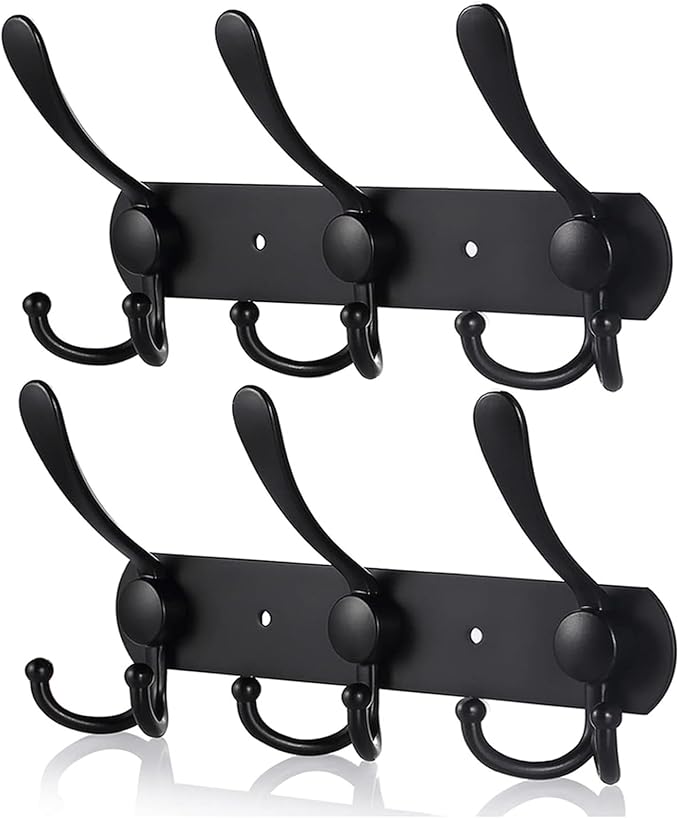 Coat Rack Wall Mounted,3 Tri Stainless Steel Coat Hook for Coat Hat Robes Towel in Mudroom Entryway (Black, 2 Pack 3 Hook)