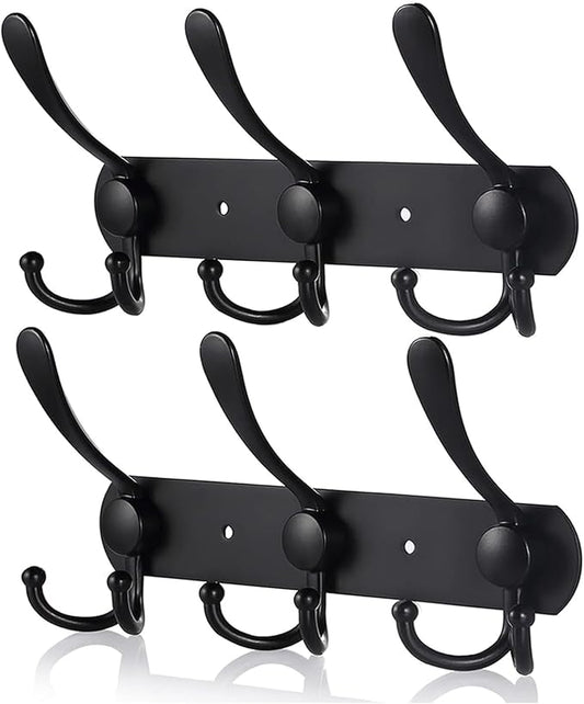 Coat Rack Wall Mounted,3 Tri Stainless Steel Coat Hook for Coat Hat Robes Towel in Mudroom Entryway (Black, 2 Pack 3 Hook)