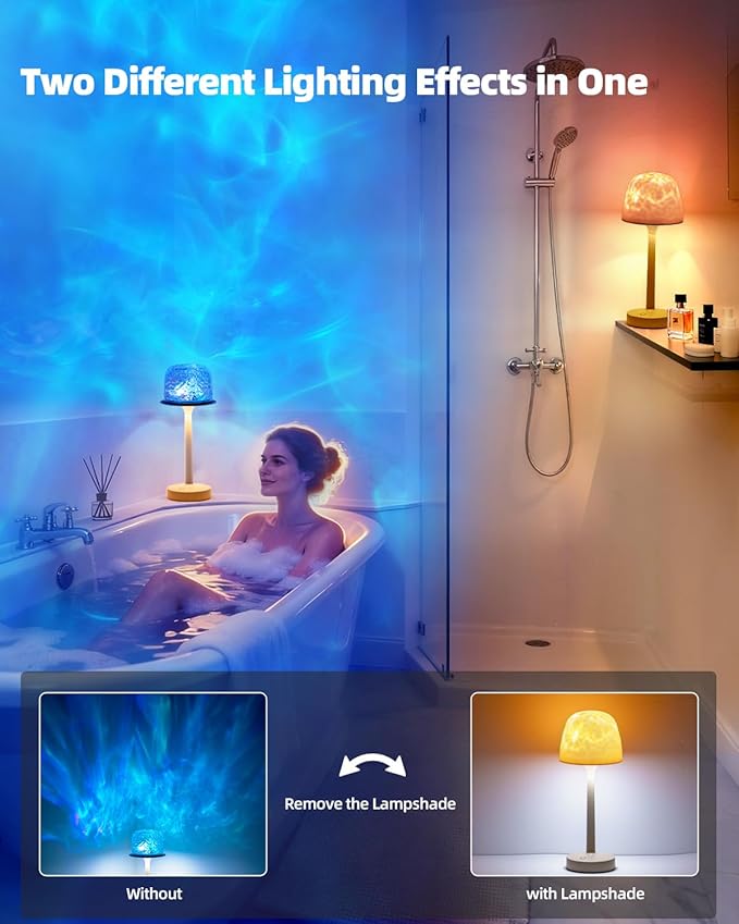 Shower Lamp, Waterproof Bathroom Light with 16-Color Ocean Wave Projector, Rechargeable & Cordless with Touch and Remote Control for Bathtub and Shower