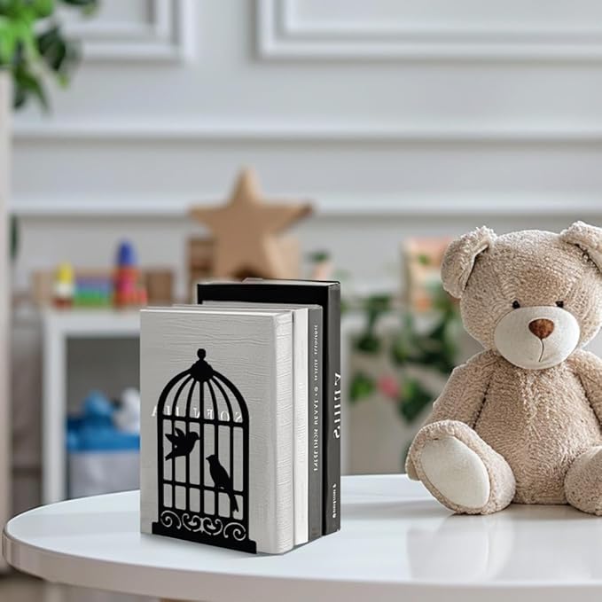 Peacoblue Metal Bookends for Shelves, Modern Decorative Heavy Duty Study Book Support Stoppers for Office, Desk, Shelf, Room 5.3"x4.3"x7.9" Cast Iron Simple Tall Bookends, 1 Pair (Birdcage and Bird)
