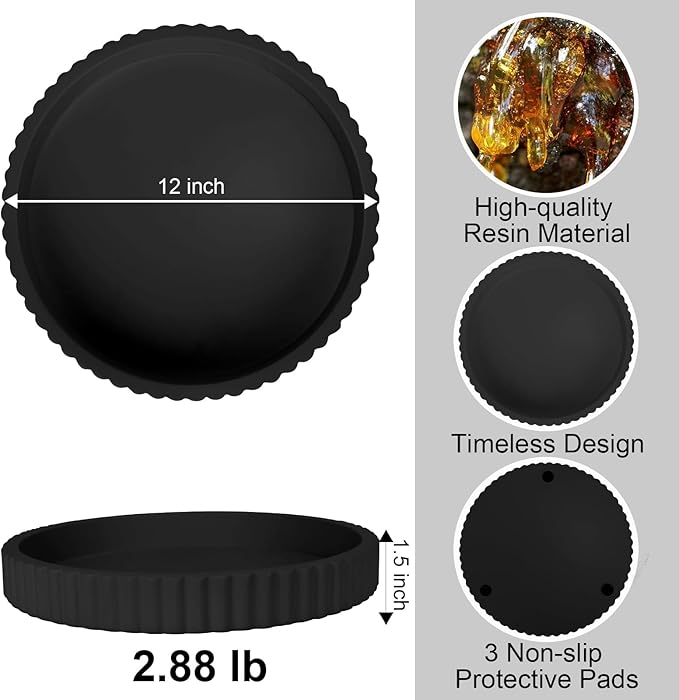 Decorative Tray for Coffee Table, 12'' Resin Modern Decorative Tray for Home Decor, Elegant Table Centerpiece Black Round Fluted Serving Vanity Tray for Bathroom Kitchen Living Room Decor