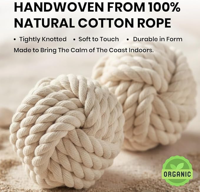 Set of 6 Decorative Nautical Cotton Rope Balls – 2 Inch Each – Handmade Rustic Knot Spheres – for Coastal Home Decor, Bowl Fillers, Tray Styling, Wedding Centerpieces, or Housewarming Gift Idea