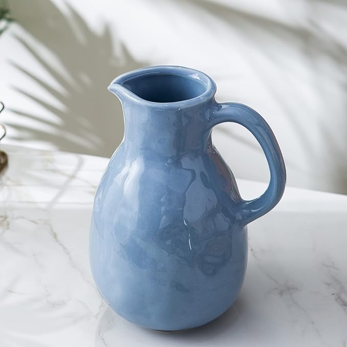 Kimdio Blue Ceramic Vase with Handle, Modern Pitcher Vases for Home Decor, Pottery Decorative Flower Vase, Clay Vases, Centerpieces for Living Room