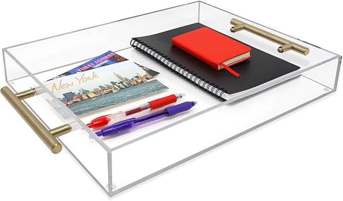 Isaac Jacobs Clear Acrylic Serving Tray (11x14) with Gold Metal Handles, Spill-Proof, Stackable Organizer, Food & Drinks Server, Indoors/Outdoors, Lucite Storage Décor (11x14, Clear with Gold Handle)