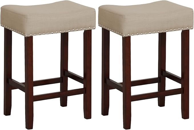 Giantex 25" Counter Height Bar Stools Set of 2 - Backless Saddle Barstools with Nailhead Linen Foam Seat, Max Load 330 Lbs Wood Bar Stools with Foot Rest for Kitchen Island, Khaki