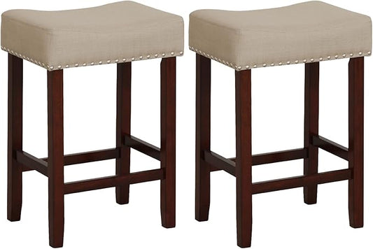 Giantex 25" Counter Height Bar Stools Set of 2 - Backless Saddle Barstools with Nailhead Linen Foam Seat, Max Load 330 Lbs Wood Bar Stools with Foot Rest for Kitchen Island, Khaki