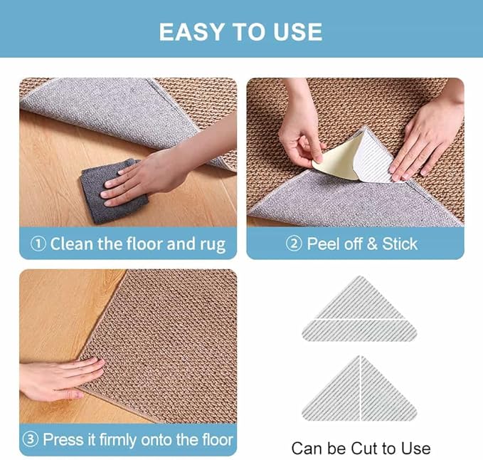 Rug-Gripper, Anti Slip Rug Grippers for Carpet, Upgraded Area Rug Pad Grippers Extra Sticky on Tile, Non-Slip Rug Pads Stopper for Hardwood Floor Washable Rug Tape Stickers 12x12cm 4 Pieces