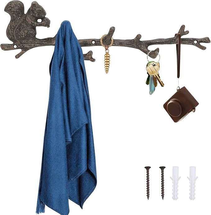NIKKY HOME Cast Iron Rustic Coat Hook Hanger Vintage Squirrel Decorative Wall Hooks Practical Metal Storage Organiser Wall Mounted Hanging Hooks for Garden Tools Keys Indoor Outdoor Decoration