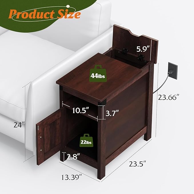WLIVE End Table with Charging Station, Narrow Side Table for Living Room, Farmhouse Night Stand with Storage, Small Wooden Nightstand with USB Ports and Outlets for Living Room and Bedroom, Brown