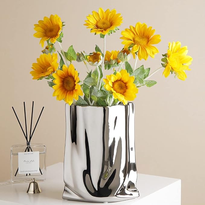 Silver Vase, Paper Bag Modern Minimalist Metallic Luster Ceramic Flower Vase for Home Decor, Table, Living Room Decoration, Shelf Decor, Mantel (Silver-Large)