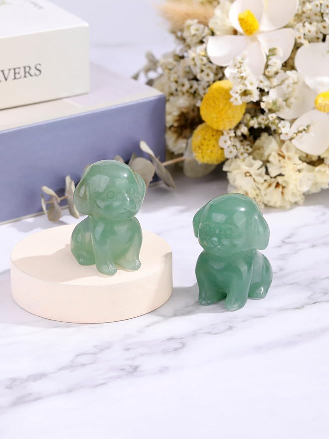 Jovivi Natural Green Aventurine Crystal Sitting Dog Statue Home Decor 1.6" Carved Gemstone Puppy Dog Figurines Pocket Sculpture Reiki Healing Stones Decorative Ornament Gift