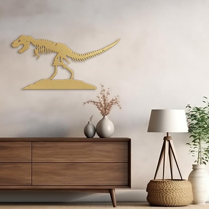 SIGNLEADER Metal Wall Art Decor Dinosaur Skeleton Minimalist Modern Abstract Wall Sculpture Hangings Home Decoration for Living Room, Bedroom, Bathroom, Kitchen - 18" Gold