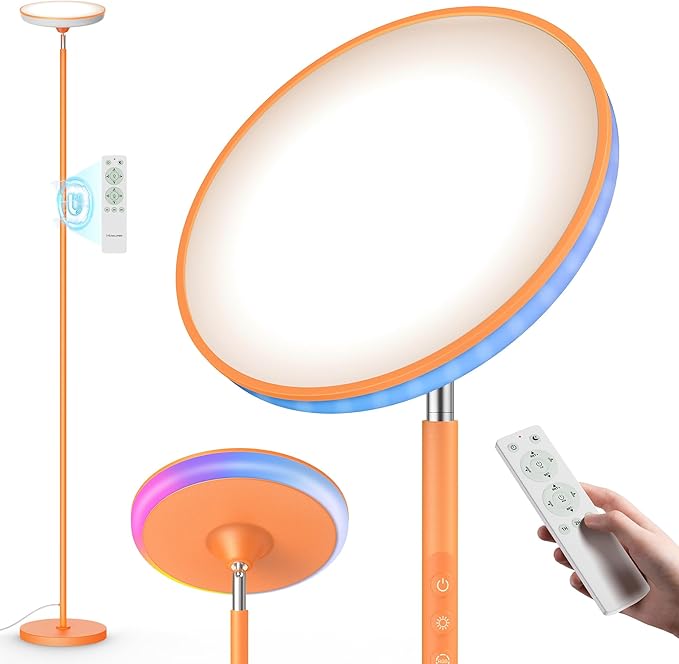WOWLUMEN UFO Floor Lamp 71in, Upgraded 42W 3700LM LED Torchiere Floor Lamps for Living Room, Modern Tall Bright Standing Light with Remote, Dimmable Sky Light,1/2/3H Timer for Bedroom,Office(Orange)