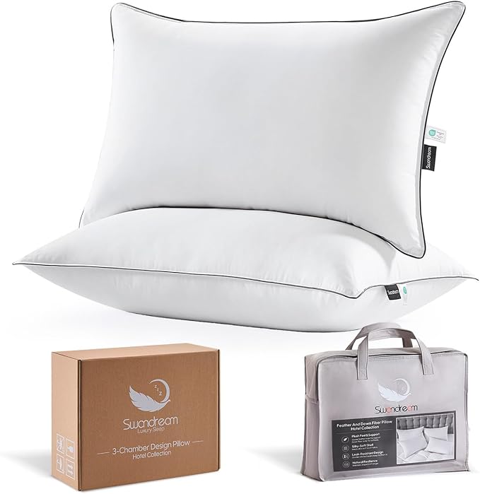 Swandream Goose Feather Down Fiber Pillows Standard Size Set of 2, Luxury 3-Chamber Pillows with Soft & Down-Proof Cover, Fluffy Plush Hotel Bed Pillows for Side, Back & Stomach Sleepers, 20"x26"