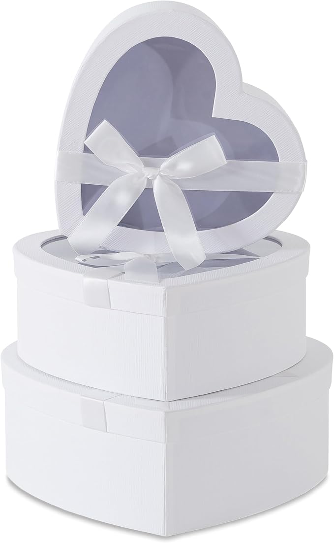 Soul & Lane White Heart Shaped Gift Boxes with Clear Lids and Decorative Bows: Set of 3 Cardboard Heart Boxes for Flowers, Chocolates, Large Box for Flower Arrangements and Valentine’s Day Presents