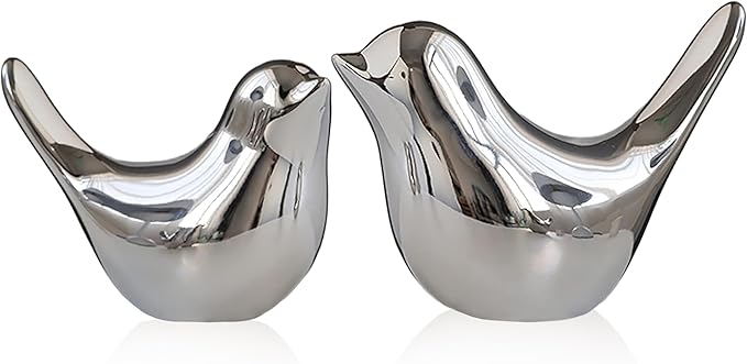 Silver Bird Statue Set – Small and Large, Modern Tabletop Sculptures for Living Room, Mantel, Shelf, Console Table, Entryway, Fireplace, Bedroom, Contemporary Silver Home Decorations