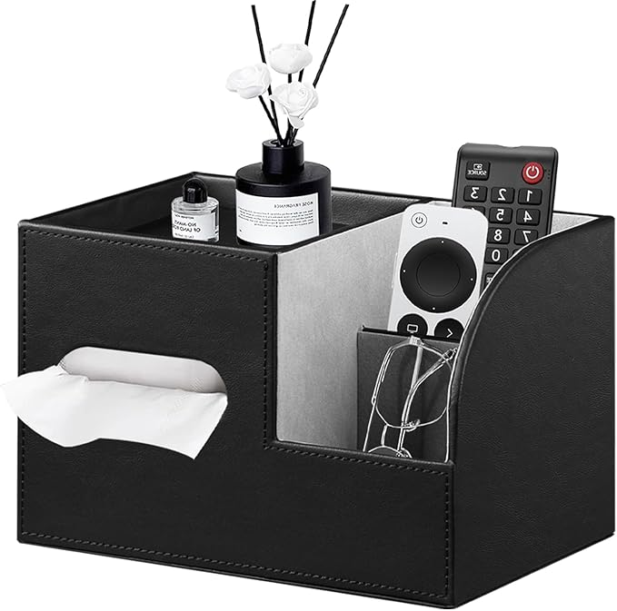 PU Leather Tissue Box Cover Square,Tissue Box Holder Organizer with Storage Tray and Remote Control Holder for Bathroom Countertop Night Stands Bedroom Office Desk,Napkin Caddy Decorative Black