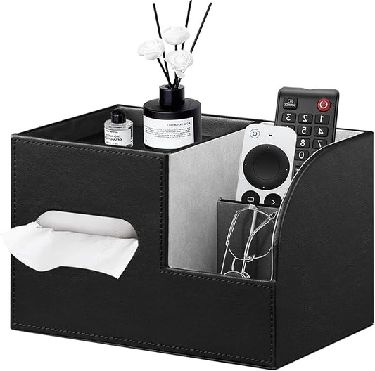 PU Leather Tissue Box Cover Square,Tissue Box Holder Organizer with Storage Tray and Remote Control Holder for Bathroom Countertop Night Stands Bedroom Office Desk,Napkin Caddy Decorative Black