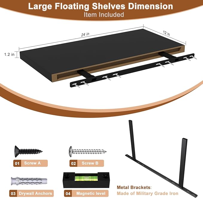 12 Inch Deep Floating Shelves for Wall 3 Pack Floating Shelfs Large Storage Space Wall Decor Display Shelf for Bathroom Living Room Bedroom Kitchen 23.8" W x 12" D x 1.2" H Black