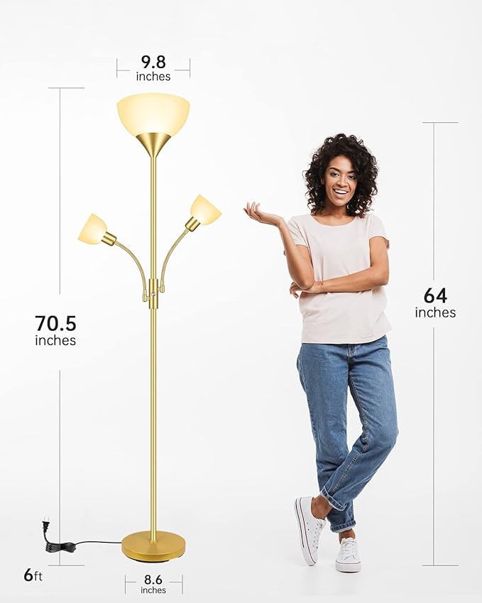 Floor Lamps for Living Room Gold, Standing Lamp, 71" Tall Lamp with 3 Lights, Modern Torchiere Tree Floor Lamp, Rotary Switch, Bright Corner Floor Lamp for Bedroom/Office/Den(E26 Base, No Bulb)