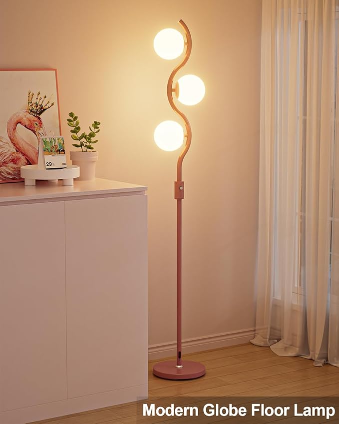 Lightdot 60IN Dimmable Pink Floor Lamp Mid Century Standing Lamps with 3Pcs G9 3000K Warm White Bulbs Stepless Dimming Globe Modern Tall Lamp with Stable Base for Bedroom Office