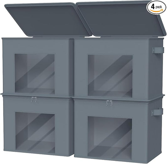 Zilink Fabric Foldable Storage Boxes with Lid 4-Pack Stackable Storage Bins with Zipper & Clear Window Fabric Closet Containers and Organizers for Home, Office, Bedroom (Grey,17" x 12" x 12")