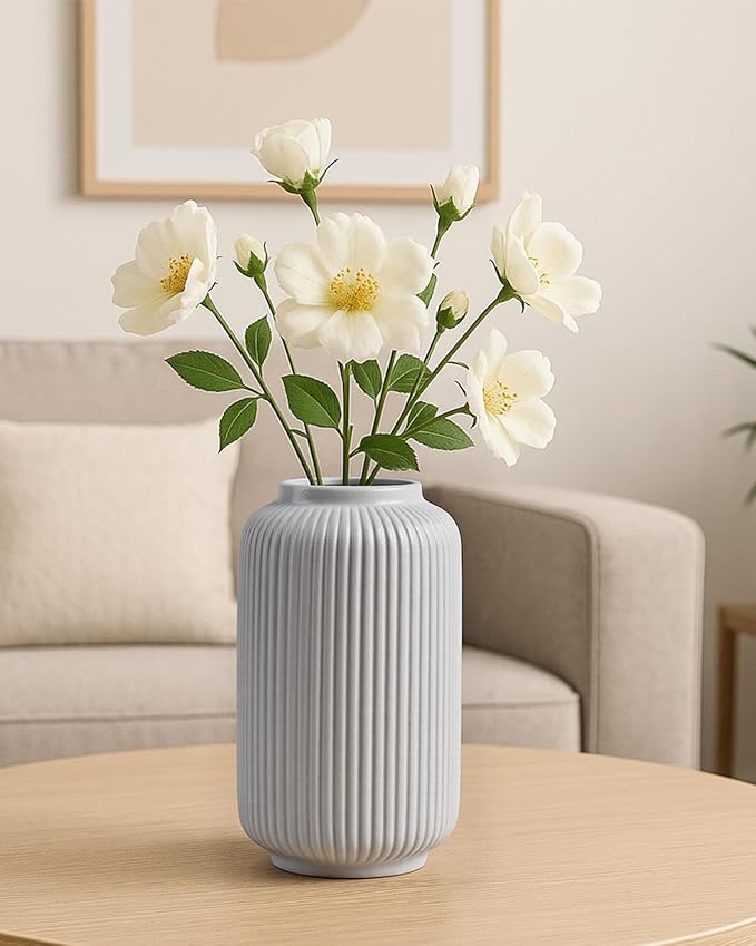 White Ceramic Flower Vase, 8 Inch Ribbed Vase for Pampas Grass, Fresh or Dried Flowers, Decorative Centerpiece for Living Room, Kitchen, Bookshelf, Office Decor