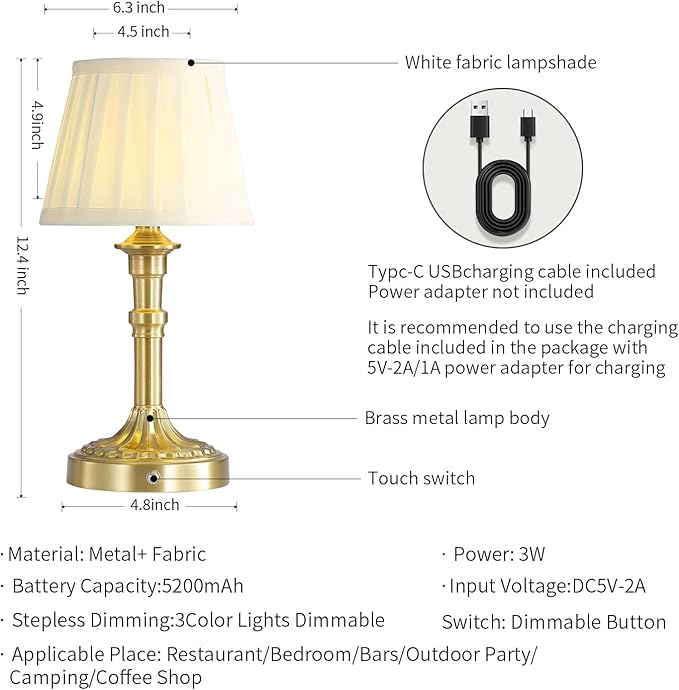 Cordless Table Lamp,Portable Fabric Shade LED Des Lamps,5200mAh Battery Operated,3 Color Stepless Dimming Up,for Restaurant, Bedroom, Camping, Bar, Coffee Shop, Night Light (Bronze)