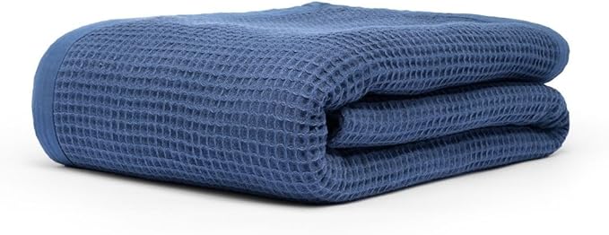 9Threads GOTS Certified Organic Cotton Waffle Weave Blanket, Queen Bed Size, 90"X90"Cozy Throw Blanket for Couch, Modern Home Decor Throw Blankets,Comfy Waffle Blanket Soft Bed Blankets -Navy Blue