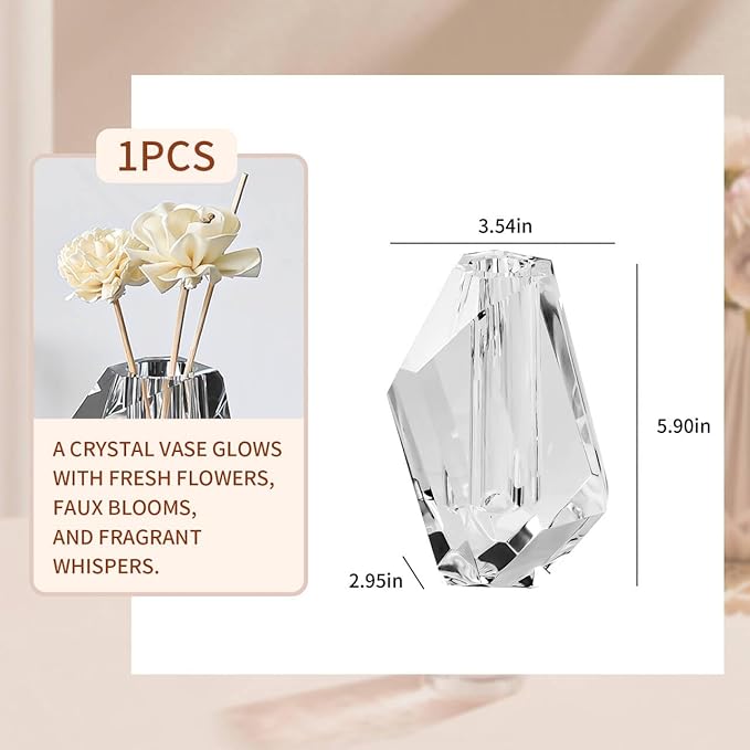 Crystal Flower Vase, Premium Modern Clear Vase, Anniversary Centerpiece, Crafted for Table, Home Decoration, Wedding, Christmas or Luxury Gifts