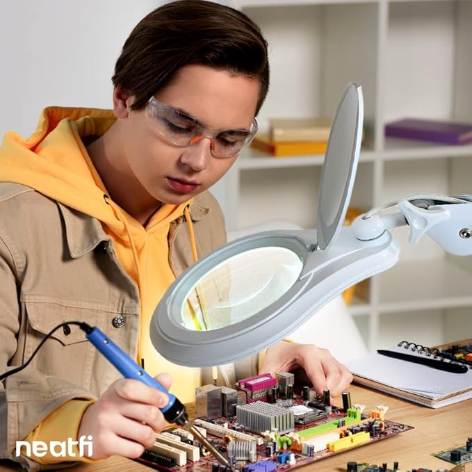 Neatfi 1,200 Lumens Super LED Magnifying Lamp with Clamp, Dimmable, Includes Microfiber Cleaning Cloth, 5 Inch Diameter Lens for Reading, Sewing, Crafting (White, 5 Diopter)