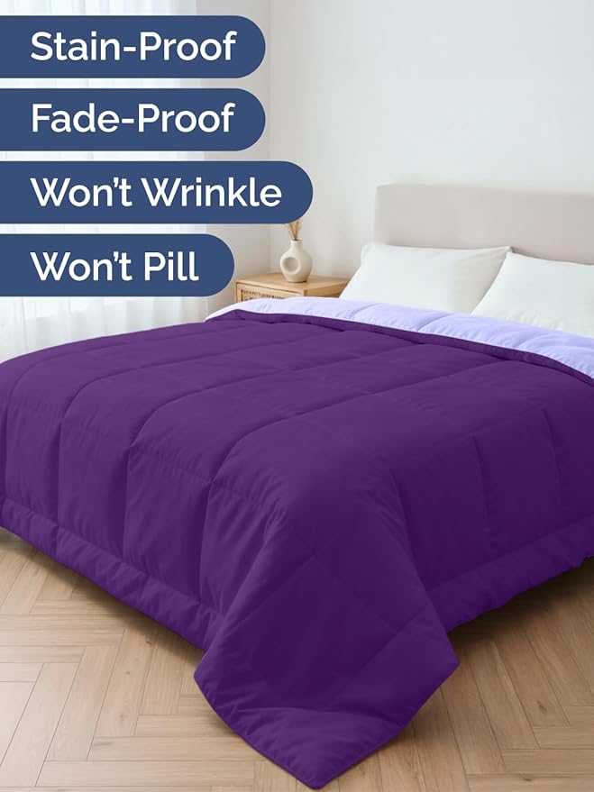 Queen Size, Purple & Lavender Reversible Alternative Down Comforter - Warm, Lightweight Breathable Hotel Quality Bedding Set - All Season Fluffy Oversized Cooling Microfiber Duvet Insert Comforter