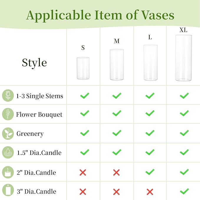 Glasseam Cylinder Glass Vases for Centerpieces: 12 Pack Clear Flower Vase Bulk 4" 6" 8" 10" Hurricane Floating Pillar Candle Holder - Modern Centerpiece for Wedding Dining Home Table Decor