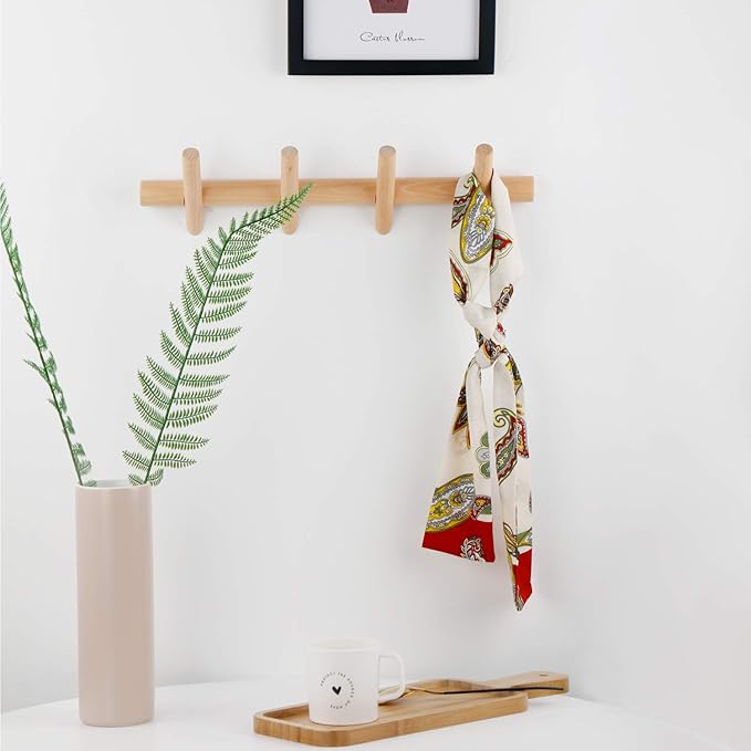 Wood Coat Hooks Wall Mounted Hat Rack Tower Hanger Wall Hooks Decorative Hanger with Pegs Entryway Bedroom Bathroom（Beech Wood,4 Hooks）