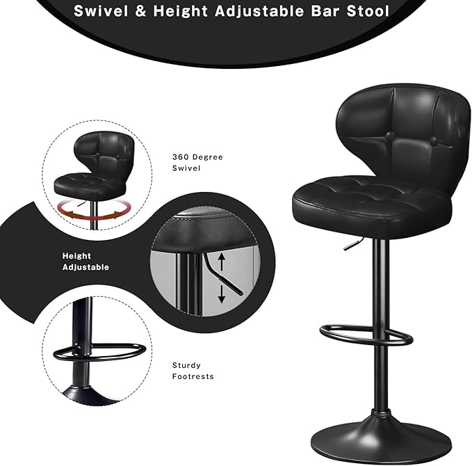 Bar Stools Set of 2, Adjustable Swivel Bar Chairs with Backrest and Footrest, Modern PU Leather Upholstered Counter Height Stools for Kitchen Island, Bar, Dining Room Black