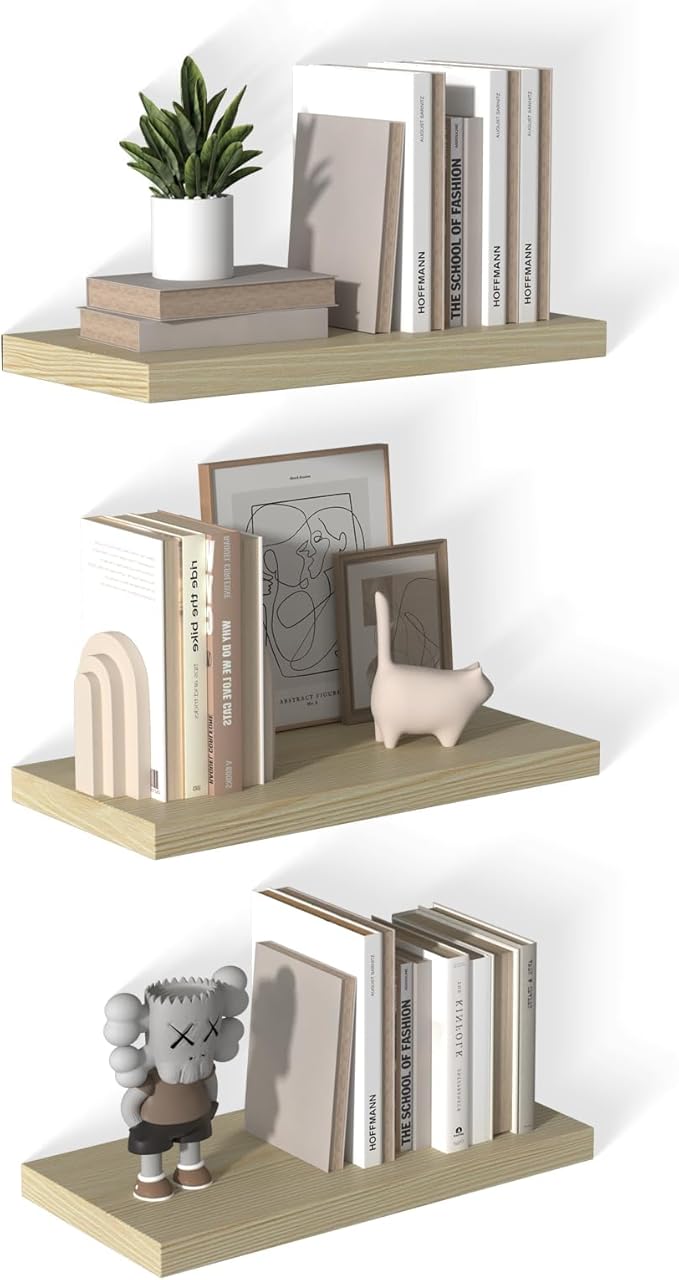 12 Inch Deep Floating Shelves for Wall 3 Pack Floating Shelfs Large Storage Space Wall Decor Display Shelf for Bathroom Living Room Bedroom Kitchen 23.8" W x 12" D x 1.2" H Natural Wood