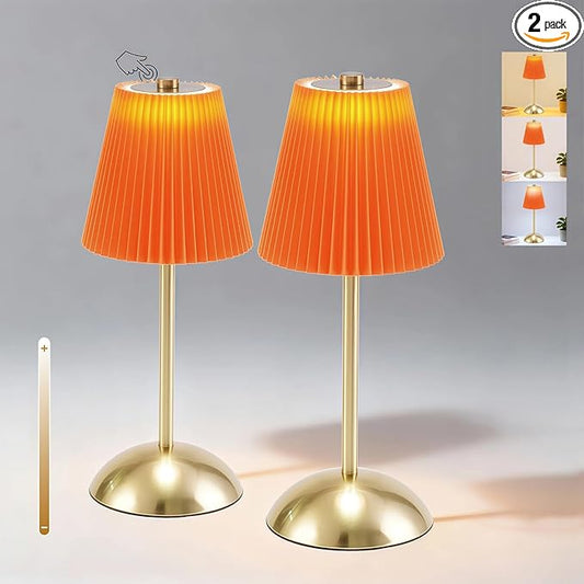 Set of 2 Cordless Table Lamps Rechargeable, 3CCT & Stepless Dimming, LED Wireless Outdoor Table Lamp with Touch Activation for Tabletop Bedside Patio, 12 * 5 Inches (Tangerine Orange)
