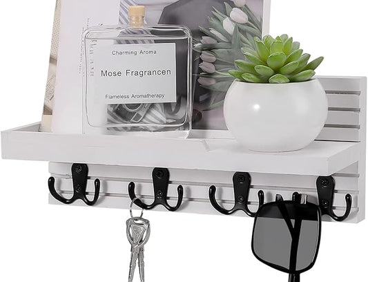 Decorative Key Hanging Rack with 4 Double Hooks – Easy Install Natural Wooden Key and Mail Holder for Wall Mount – Entryway Decor Rack with Shelf (White)