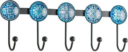 Boho Coat Rack Wall Mounted with 5 Hooks, Glacier Theme Mandala Pattern Decorative Wall Hooks for Hanging Hat, Key, Towel, Purse, Bag, and Robe - for Entryway, Bathroom, and Bedroom