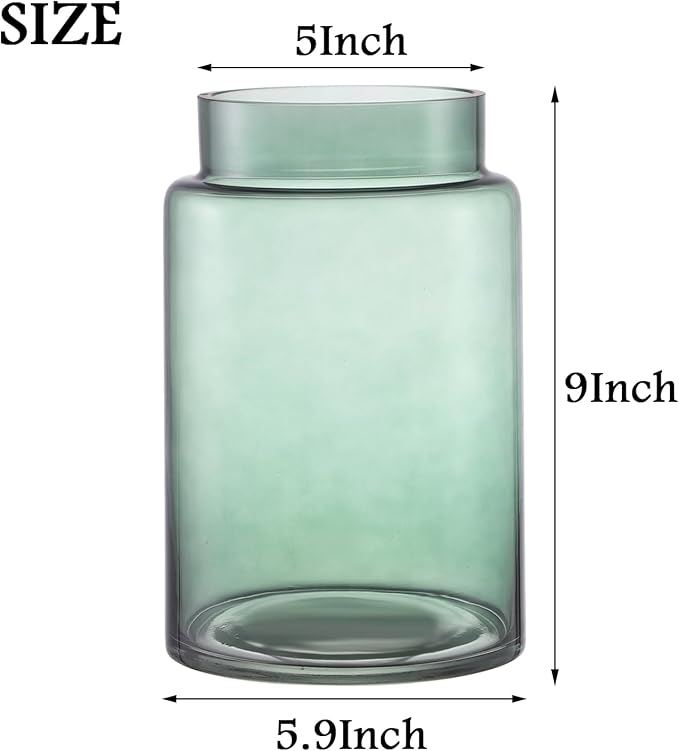 Large Glass Vase, 9 Inch Green Glass Vase, Large Flower Vases for Bouquet, Tall Wide Mouth Vases for Flowers, Home, Wedding, Living Room, Office Decor