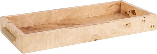 Kate and Laurel Burlock Modern Decorative Burlwood Rectangle Tray with Handles, 8 x 19, Natural Wood and Gold, Transitional Rectangular Tray for Use as Entryway Tray Decor or Ottoman Serving Tray